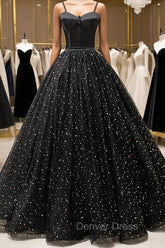 Black Tulle Long Prom Dresses, Black Spaghetti Straps Formal Evening Gown