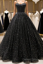 Black Tulle Long Prom Dresses, Black Spaghetti Straps Formal Evening Gown