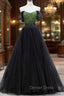 Black Tulle Long Prom Dress with Beaded, Off the Shoulder Prom Dresses