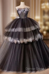 Black Tulle Long Prom Gown, Black Tulle Evening Dresses
