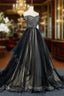 Black Tulle Off Shoulder Floor Length Gowns, Black Prom Dresses