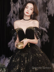 Black Tulle Off Shoulder Long Prom Dress, Black Tulle Formal Dress