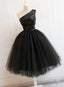 Black Tulle One Shoulder Elegant Tea Length Prom Dress, Black Prom Dresses