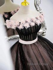 Black Tulle & Pink Flowers Sparkle Prom Dresses