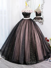 Black Tulle & Pink Flowers Sparkle Prom Dresses