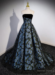 Black Tulle Print Strapless Prom Dress