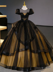 Black Tulle Puff Sleeve Appliques Beading Quinceanera Dress