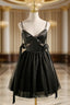 Black Tulle Satin Spaghetti Straps Pearls Homecoming Dresses