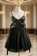 Black Tulle Satin Spaghetti Straps Pearls Homecoming Dresses