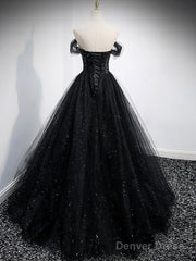 Black Tulle Sequin Long Prom Dress, Black Tulle Formal Dress