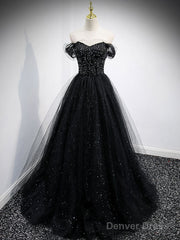 Black Tulle Sequin Long Prom Dress, Black Tulle Formal Dress