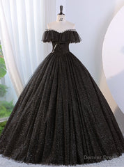 Black Tulle Sequins Beading Off the Shoulder Quinceanera Dress