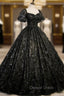 Black Tulle Sequins Long Prom Dresses, A Line Short Sleeve Prom Gowns