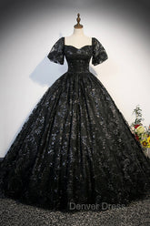 Black Tulle Sequins Long Prom Dresses, A-Line Short Sleeve Formal Evening Gown