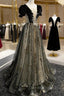 Black Tulle Sequins Long Prom Dresses, Black A-Line Formal Evening Dresses