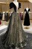 Black Tulle Sequins Long Prom Dress, Black A Line Prom Dresses