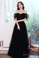 Black Tulle Sequins Long Prom Dress, Black Short Sleeve Evening Dress