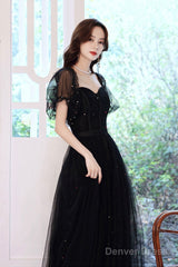 Black Tulle Sequins Long Prom Dress, Black Short Sleeve Evening Dress