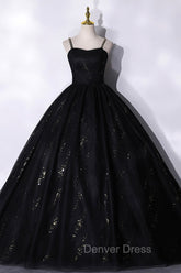 Black Tulle Sequins Long Prom Dresses, Black Spaghetti Straps Evening Dresses