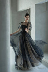 Black Tulle Sequins Long Prom Dress, Lovely A-Line Evening Party Dress