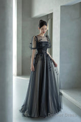 Black Tulle Sequins Long Prom Dress, Lovely A-Line Evening Party Dress