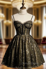 Black Tulle Sequins Spaghetti Straps Homecoming Dresses