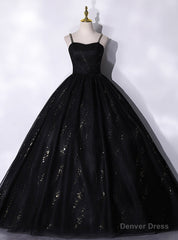 Black Tulle Sequins Straps Quinceanera Dress