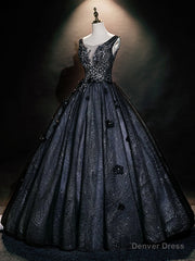 Black Tulle Sequins V-neck Appliques Quinceanera Dress