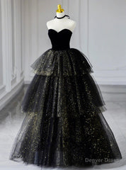 Black Tulle Sequins Velvet Sweetheart Prom Dress