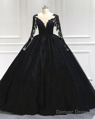 Black Tulle Sheer Neck Appliques Ball Gown Dress