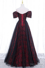 Black Tulle Short Sleeve Formal Evening Dress, Off the Shoulder Prom Dress