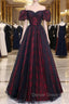 Black Tulle Short Sleeve Prom Dress, Off the Shoulder Prom Dresses
