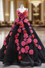 Black Tulle Spaghetti Straps 3D Appliques Prom Dresses