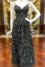 Black Tulle Spaghetti Straps Appliques Prom Dresses