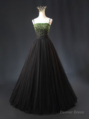 Black Tulle Spaghetti Straps Green Beading Prom Dress