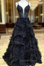 Black Tulle Spaghetti Straps Tiers Prom Dresses