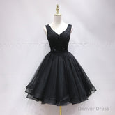 Black Tulle V Back Beaded Knee Length Homecoming Dress, Black Short Party Dress