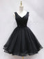 Black Tulle V Back Beaded Knee Length Homecoming Dress, Black Short Prom Dresses
