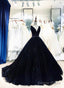 Black Tulle V Neckline Beaded Long Prom Dress, Black Tulle Prom Dresses