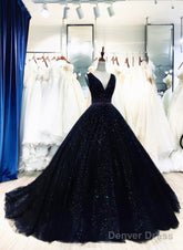 Black Tulle V-Neckline Beaded Long Evening Dress, Black Tulle Formal Dress