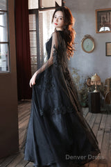 Black Tulle V-Neckline Party Dress With Lace Applique, Black A-Line Prom Dress
