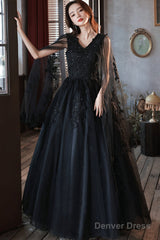 Black Tulle V-Neckline Party Dress With Lace Applique, Black A-Line Prom Dress