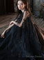 Black Tulle V-Neckline Party Dress With Lace Applique, Black A-Line Prom Dress