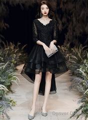 Black Tulle With Lace High Low Party Dress, Black V-Neckline Homecoming Dress