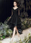 Black Tulle With Lace High Low Prom Dress, Black V-Neckline Homecoming Dresses