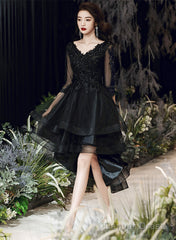 Black Tulle With Lace High Low Party Dress, Black V-Neckline Homecoming Dress