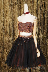 Black Two Pieces Beads Tulle Short Prom Dress Black Homecoming Dress
