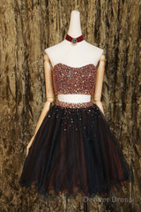 Black Two Pieces Beads Tulle Short Prom Dress Black Homecoming Dress