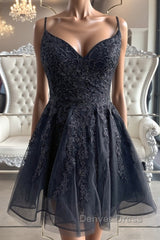 Black V Neck Backless Lace Short Prom Dresses, Backless Black Lace Homecoming Dresses, Black Lace Formal Evening Dresses