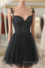 Black V Neck Beaded Tulle And Lace Prom Dresses, Cute Black Homecoming Dresses